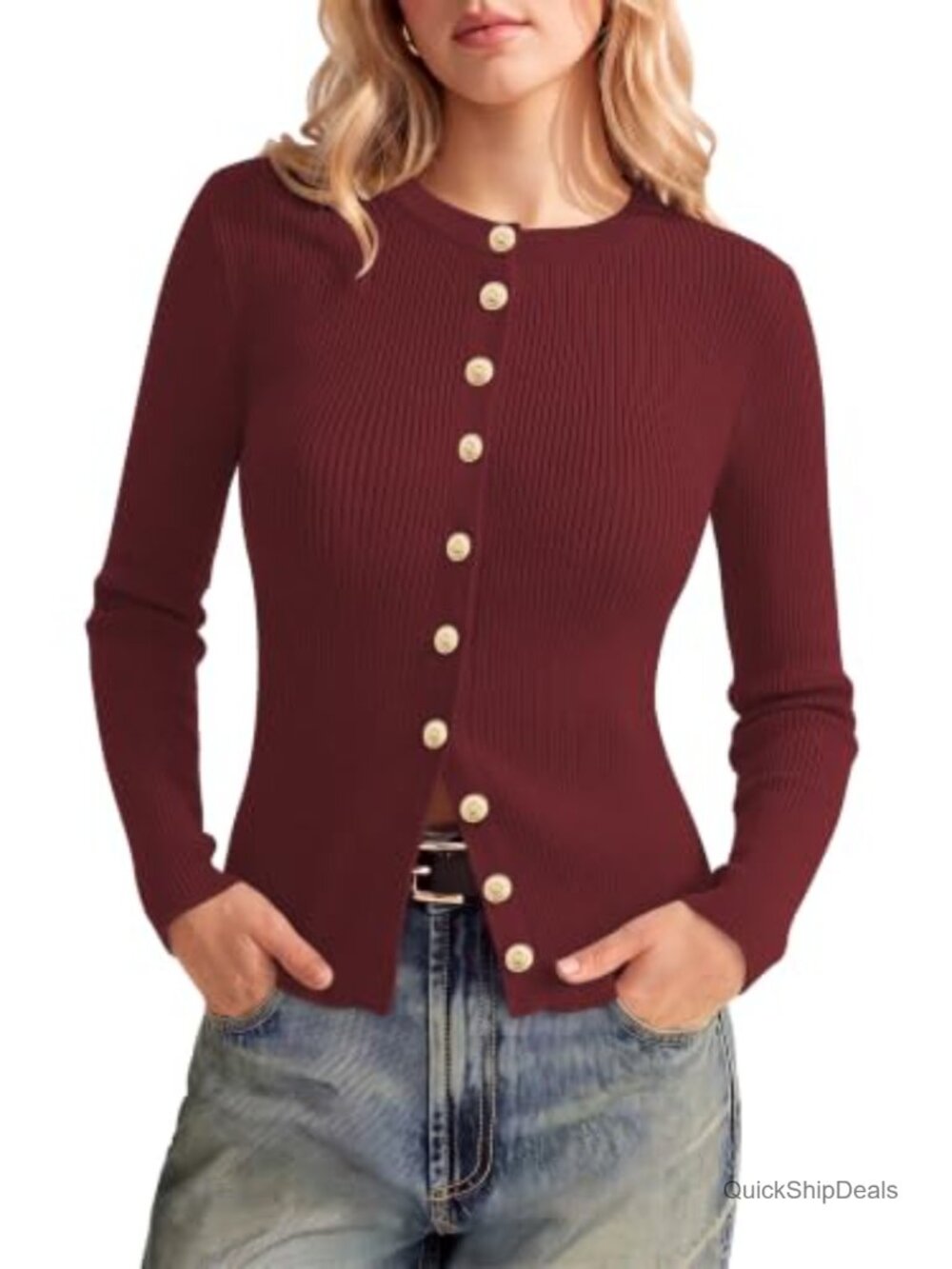 Womens Ribbed Knit Gold Button Fitted Cardigan Sweater Long Sleeve Crew Neck